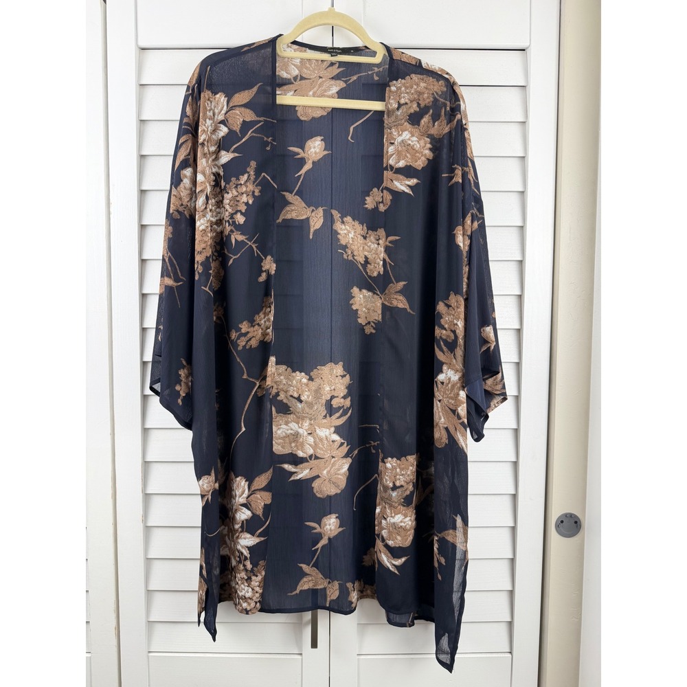 Fun 2 Fun Kimono Cardigan Women XL Navy Brown Floral Sheer Open Front